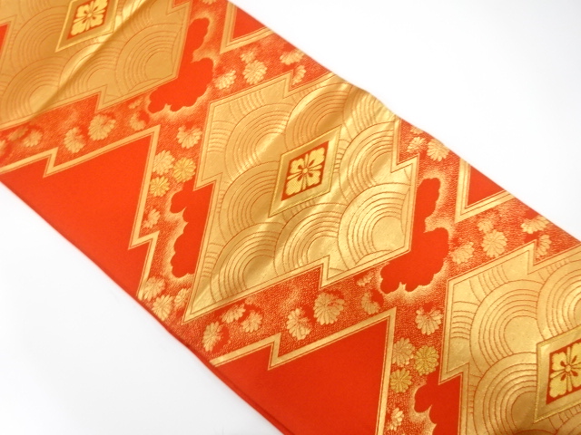 JAPANESE KIMONO / ANTIQUE FUKURO OBI / SILK / WOVEN MATSUKAWABISHI & SEIGAIHA & FLORAL RHOMBUS